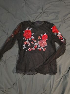 American Eagle Outfitters Black Sheer Long-Sleeve Top with Red Floral Embroidery